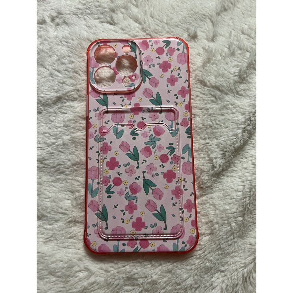 Pink Floral Phone Case with Card Holder for iPhone 13 Pro Max